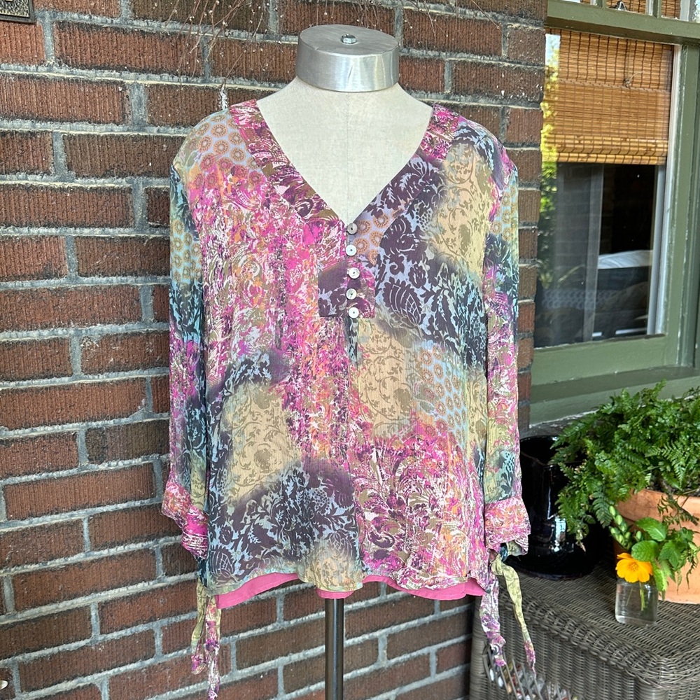 Coldwater Creek silk multicolor patchwork/floral pattern top w/3/4 sleeves.Sz XL